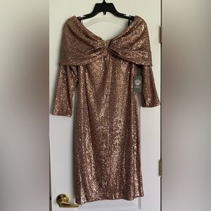 Vince Camuto Sequin 3/4 Draped Off-the-Shoulder Sweetheart Neck Sheath Dress